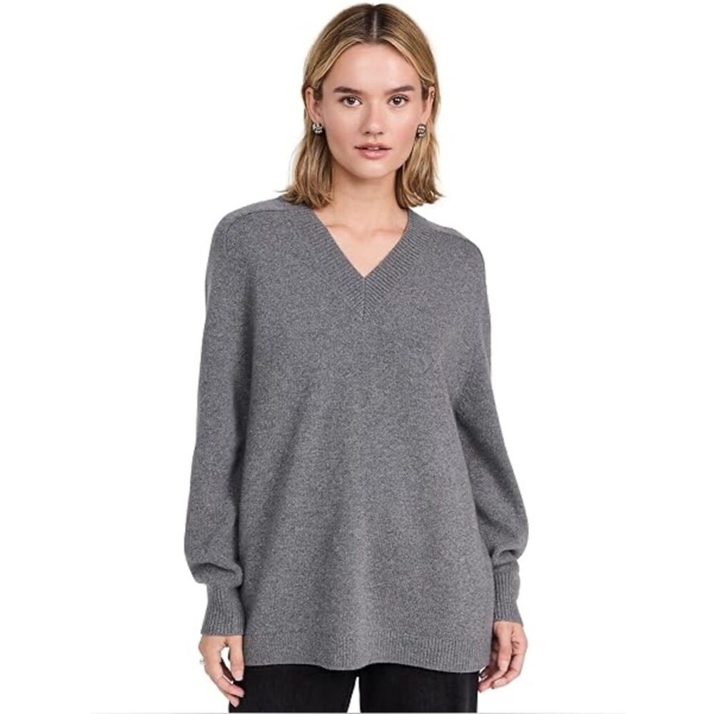 Vince Side Slit V-Neck Tunic Sweater in Grey M